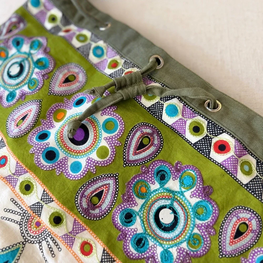 Boho Green Cotton Canvas Embroidered‎ Floral Mirror Sequin Tote Bag Crossbody
